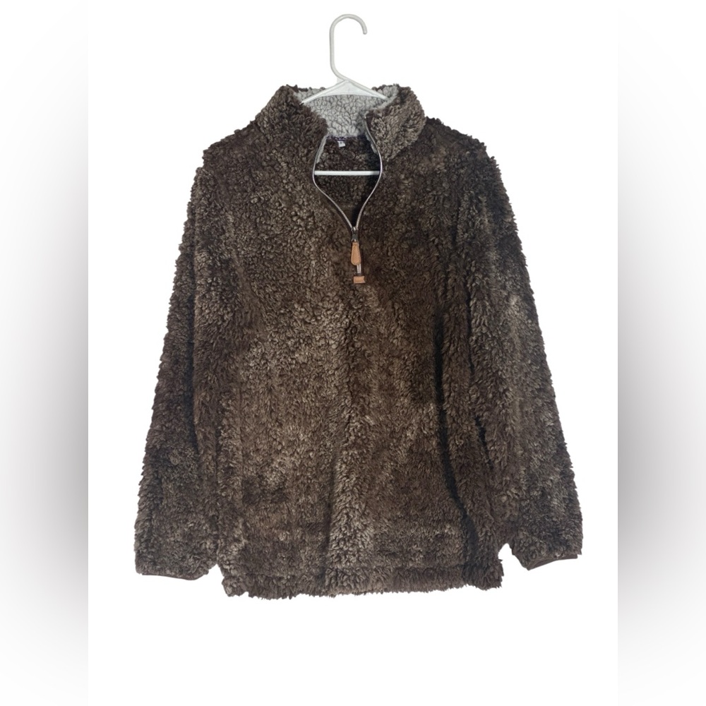 Brown Sherpa Quarter Zip Pullover Faux Fur Teddy Fleece Jacket Small - Picture 2 of 6